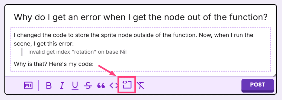 Insert code block button in the text editor
