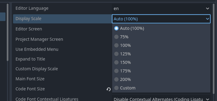 The Display Scale drop-down menu options