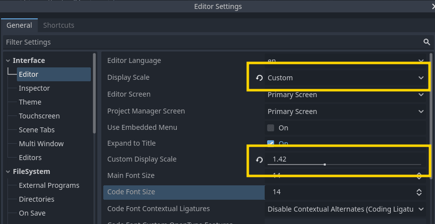 The custom display scale setting