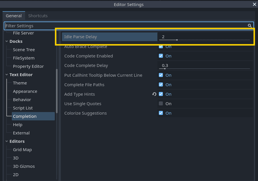Idle parse delay slider