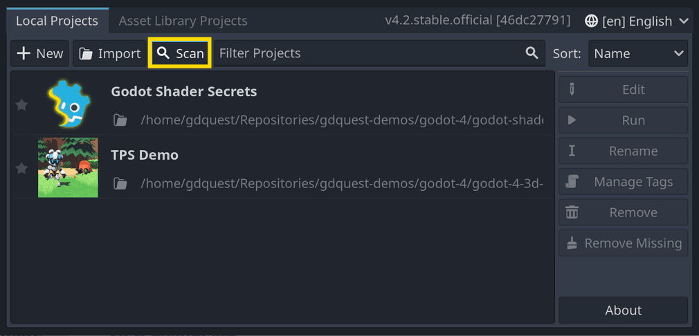 Scan button Godot project manager