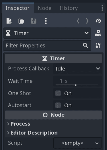 The Timer node's properties listed in Inspector dock in the Godot editor