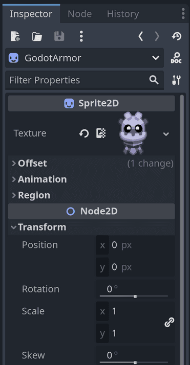 The Inspector dock in the Godot editor, showing the transform properties of a selected node