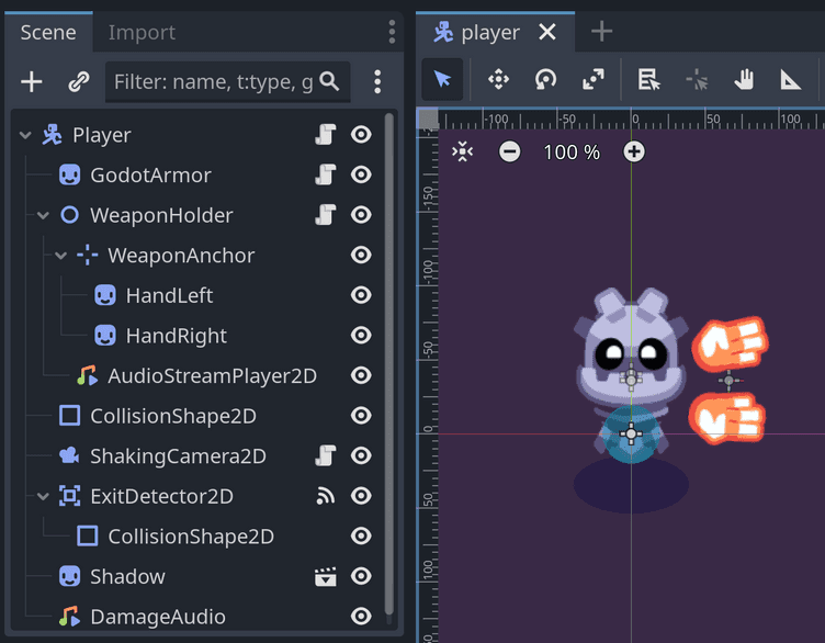 The Scene dock in the Godot editor, showing a tree of nodes