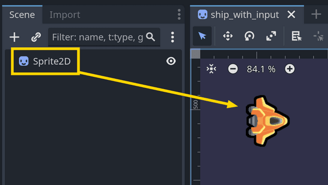 An example of a Sprite2D node, which displays an image in the central viewport in the editor