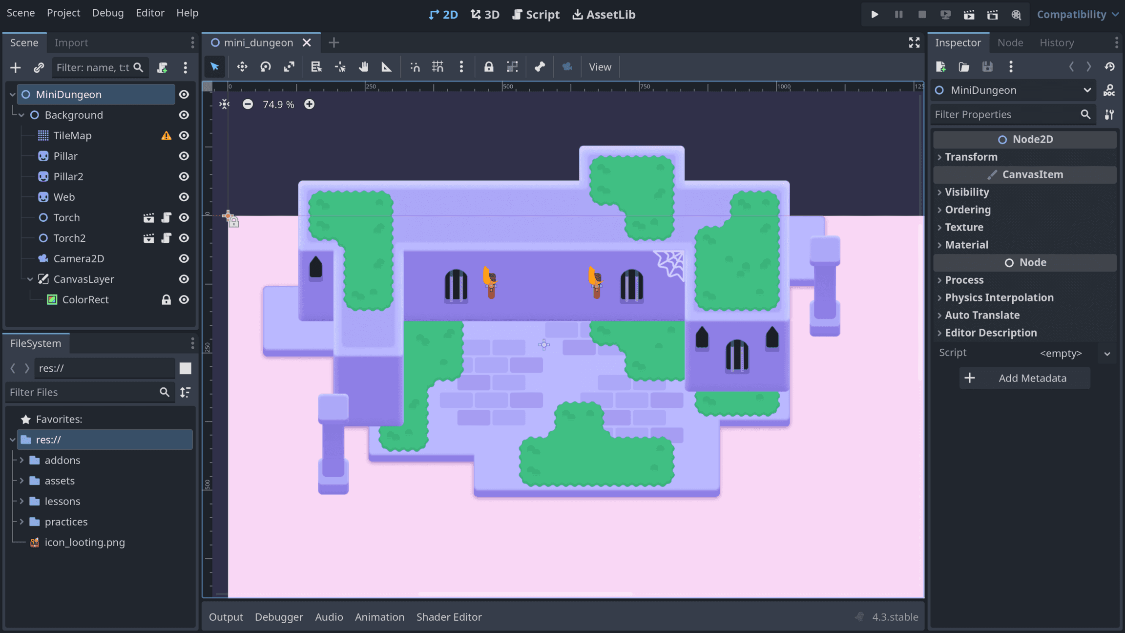 The mini dungeon scene in the Godot editor
